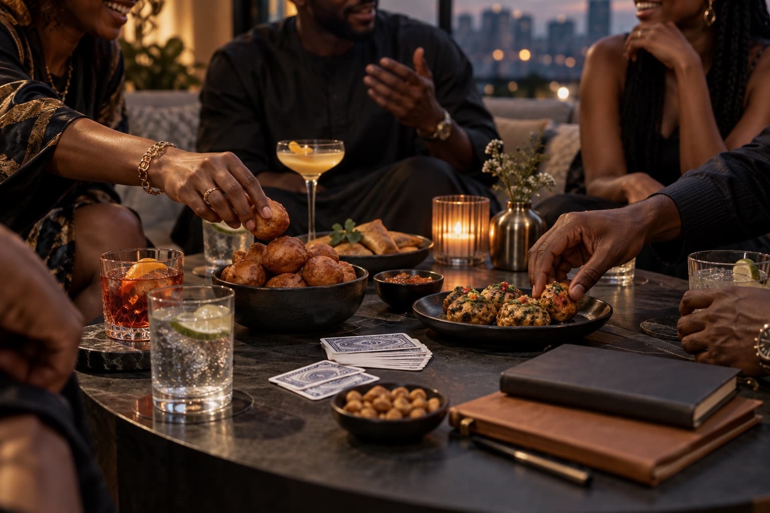 Hands reaching across a low marble table spread with small chops, dipping sauces, cocktails, a lit candle and a deck of playing cards.