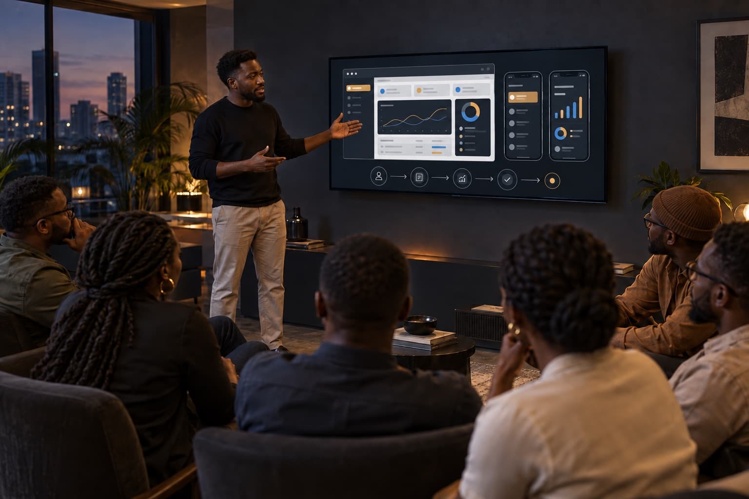 A man stands beside a wall-mounted screen showing a product dashboard and two phone screens, gesturing towards it as a small seated group watches.
